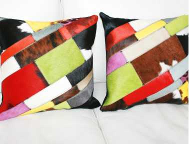 Coussin Patchwork Bandelette en Peau de vache multicolore