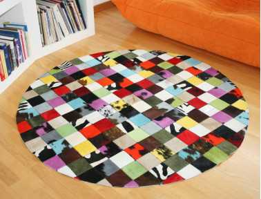 Tapis Patchwork Elmer Rond en Peau de vache multicolore