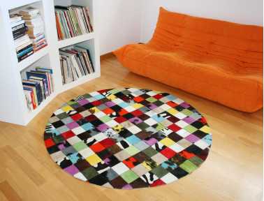 Tapis Patchwork Elmer Rond en Peau de vache multicolore